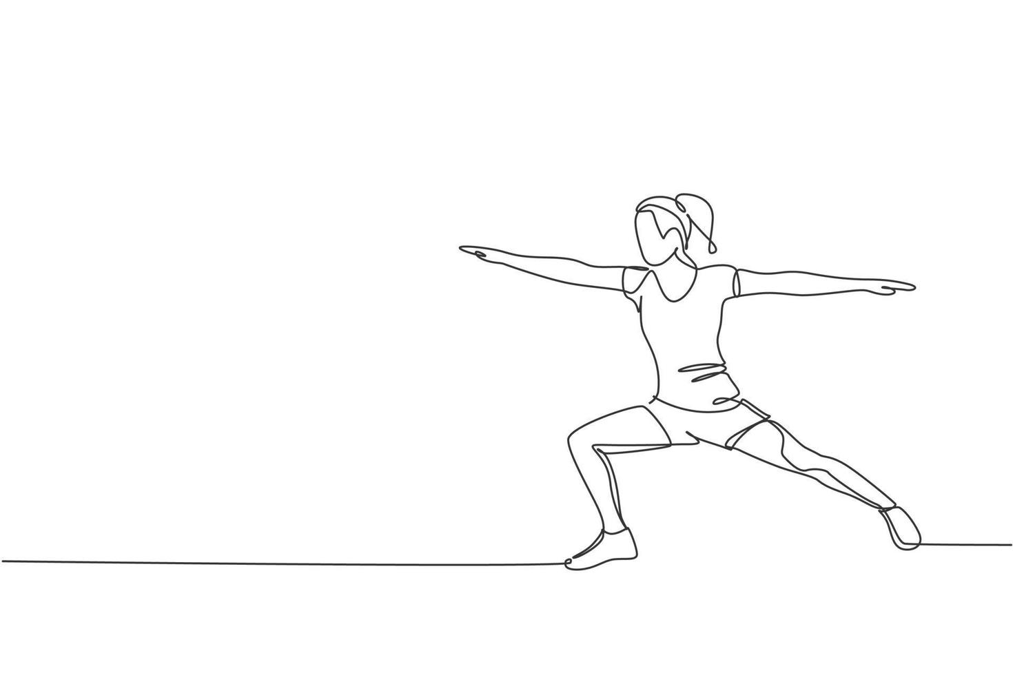 un dibujo de línea continua de una joven deportista que trabaja en una pose de estiramiento en el centro del club de fitness. concepto de deporte de fitness saludable. Ilustración gráfica de vector de diseño de dibujo de línea única dinámica
