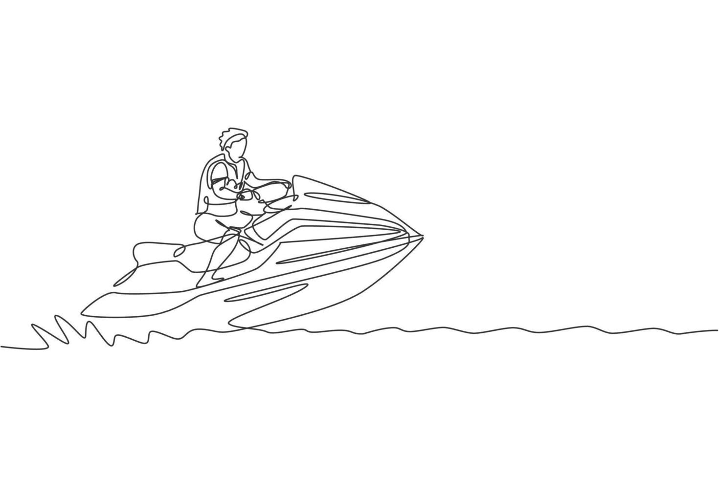 Single continuous line drawing of young sporty tourist man playing jet ski in the sea. Extreme dangerous sea sport concept. Summer holiday vacation. Trendy one line draw design vector illustration