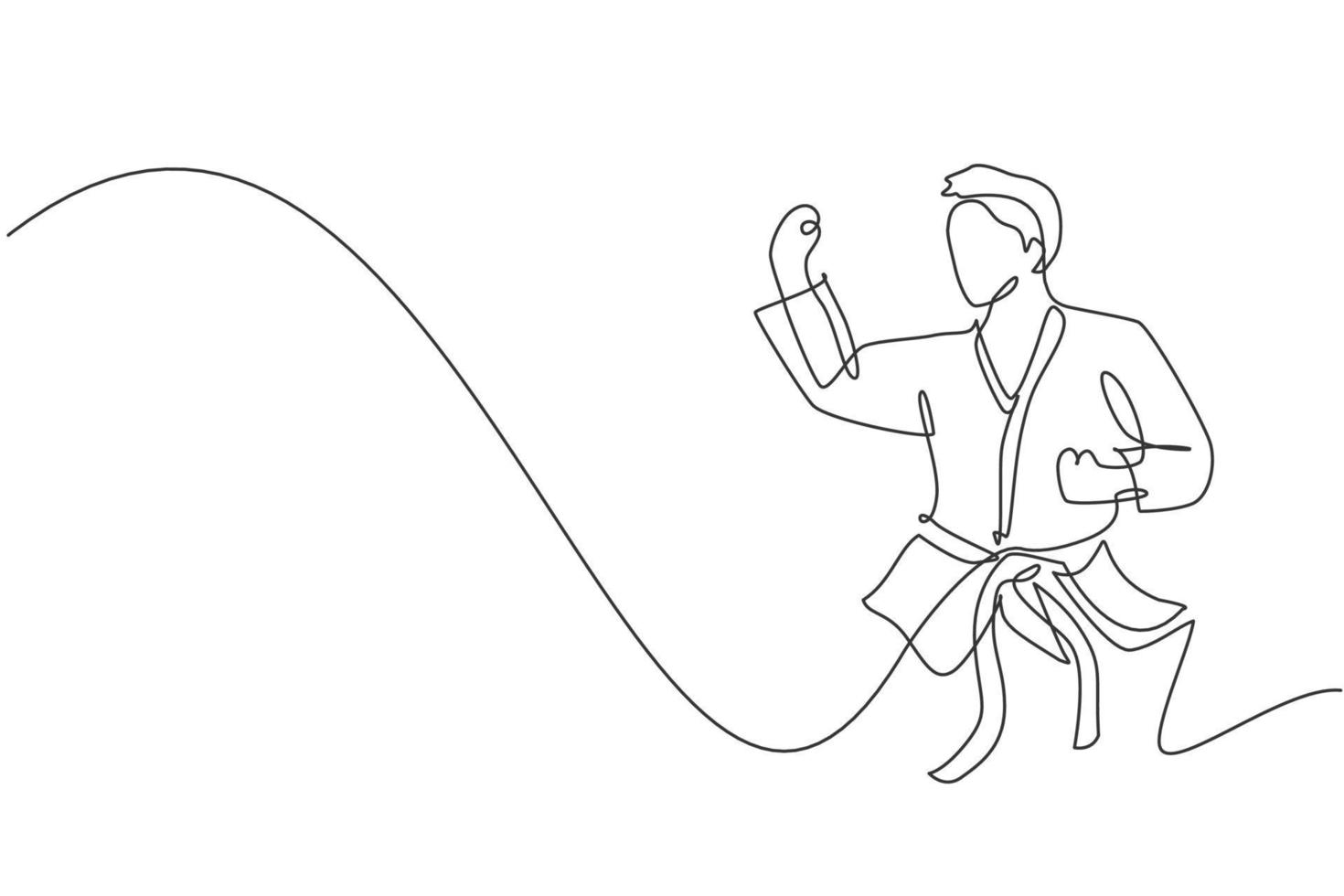 One single line drawing of young sporty karateka man in fight uniform with belt exercising martial art at gym vector illustration. Healthy sport lifestyle concept. Modern continuous line draw design