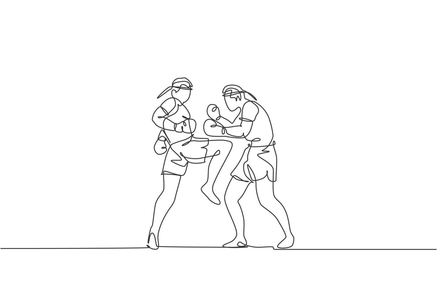 One continuous line drawing two young sporty muay thai boxer men preparing to fight sparring at boxing arena. Fighting sport game concept. Dynamic single line draw design graphic vector illustration