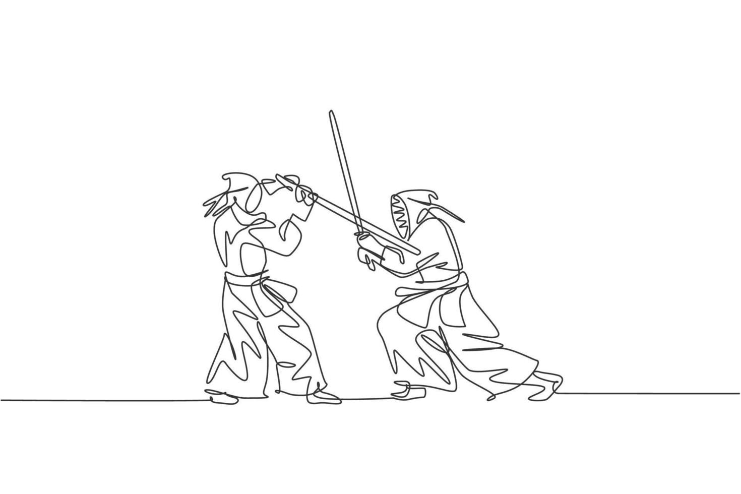 One continuous line drawing of two young sporty men fighting skill on kendo national competition in dojo center. Healthy martial art sport concept. Dynamic single line draw design vector illustration