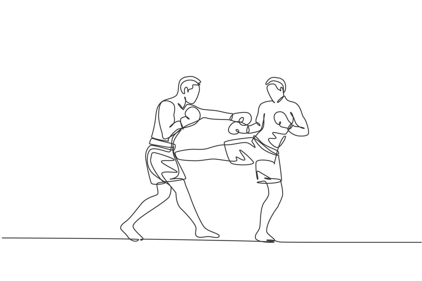 One single line drawing of young energetic man kickboxer fighting in local tournament at boxing arena vector illustration graphic. Healthy lifestyle sport concept. Modern continuous line draw design