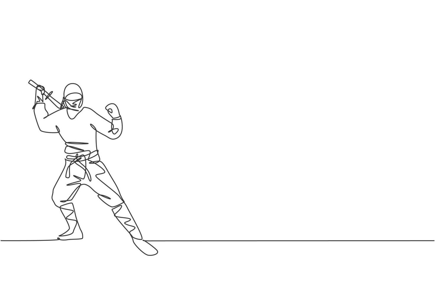 un dibujo de una sola línea de un joven ninja tradicional japonés enérgico sosteniendo una espada samurái en la ilustración vectorial de la pose de ataque. concepto de deporte de artes marciales combativas. diseño moderno de dibujo de línea continua vector