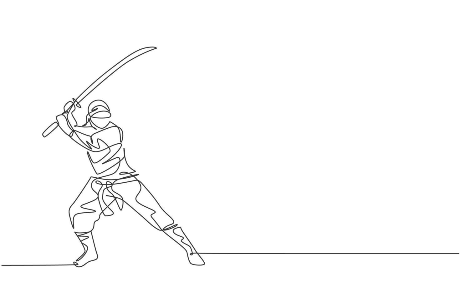 un dibujo de una sola línea de un joven ninja tradicional japonés enérgico sosteniendo una espada samurái en la ilustración vectorial de la pose de ataque. concepto de deporte de artes marciales combativas. diseño moderno de dibujo de línea continua vector