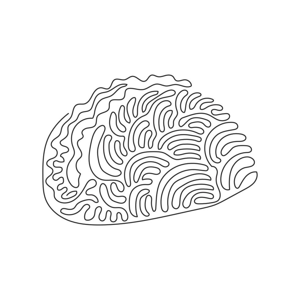 Continuous one line drawing tacos traditional Mexican fast food with tortilla, meat, vegetables, lettuce, cheese, tomato, sauce. Swirl curl style. Single line draw design vector graphic illustration