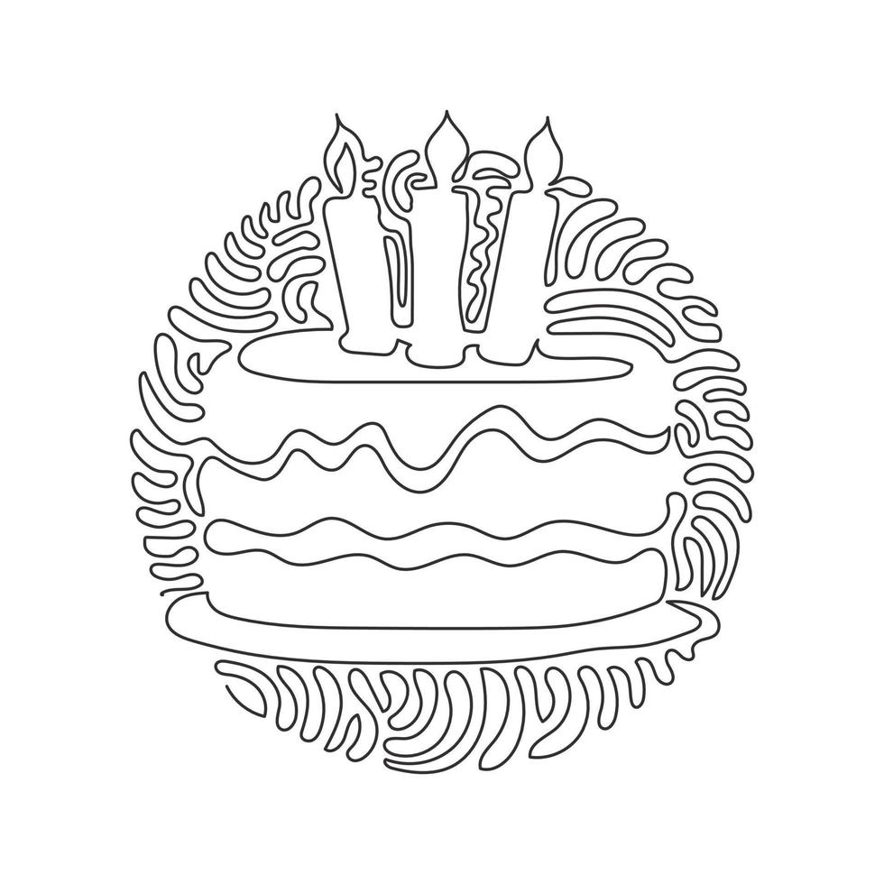 pastel de cumpleaños de dibujo de una sola línea con tres velas encendidas. sabroso postre plato principal de la fiesta de cumpleaños. estilo de fondo de círculo de rizo de remolino. ilustración de vector gráfico de diseño de dibujo de línea continua