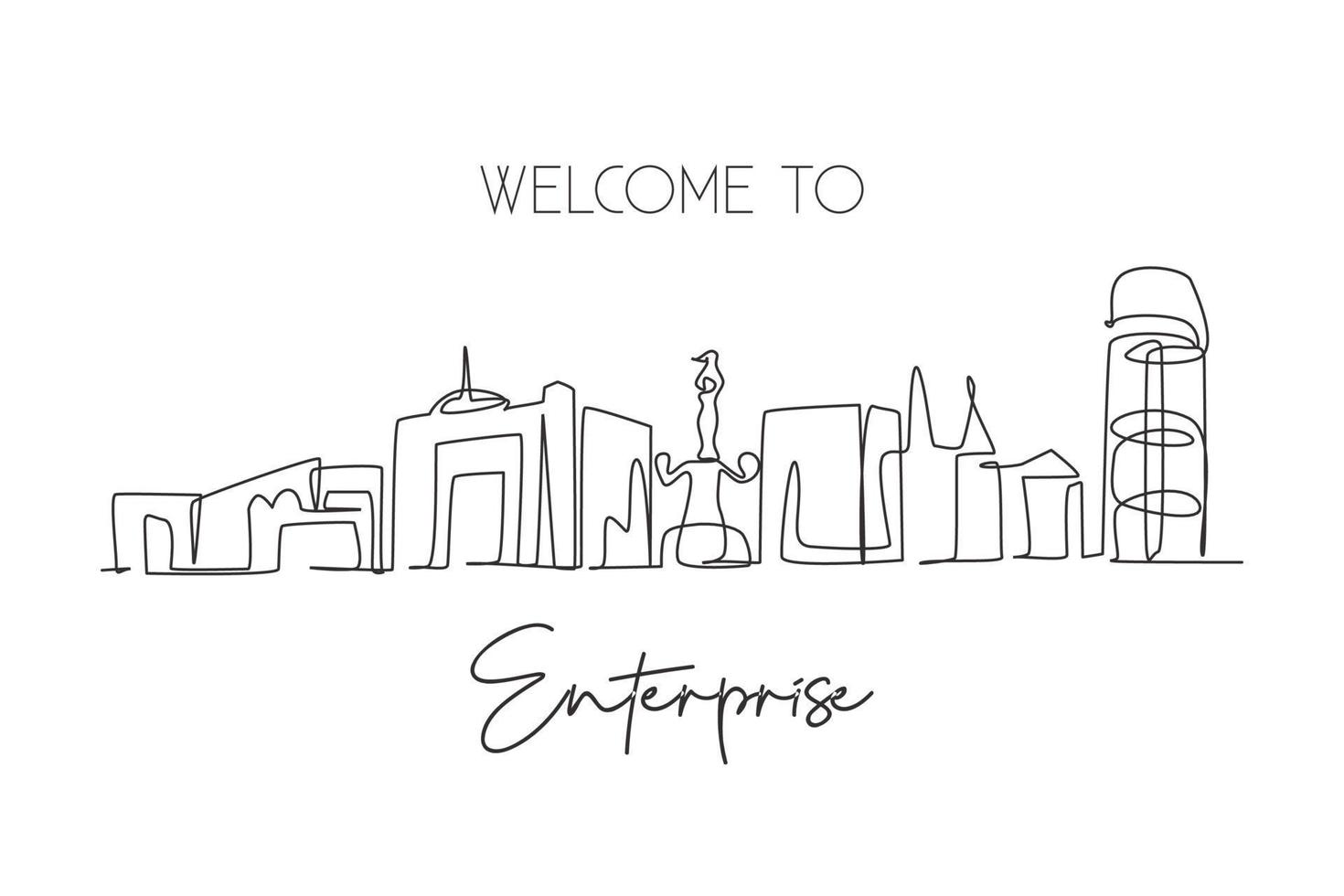 Continuous one line drawing Enterprise city skyline, Alabama. Beautiful landmark. World landscape tourism travel wall decor poster print art. Stylish single line draw design vector illustration