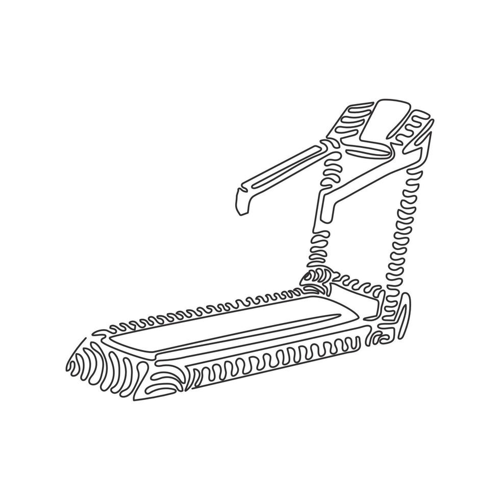 Continuous one line drawing professional treadmill with incline. Sports fitness exercise equipment, running treadmill for workout. Swirl curl style. Single line draw design vector graphic illustration