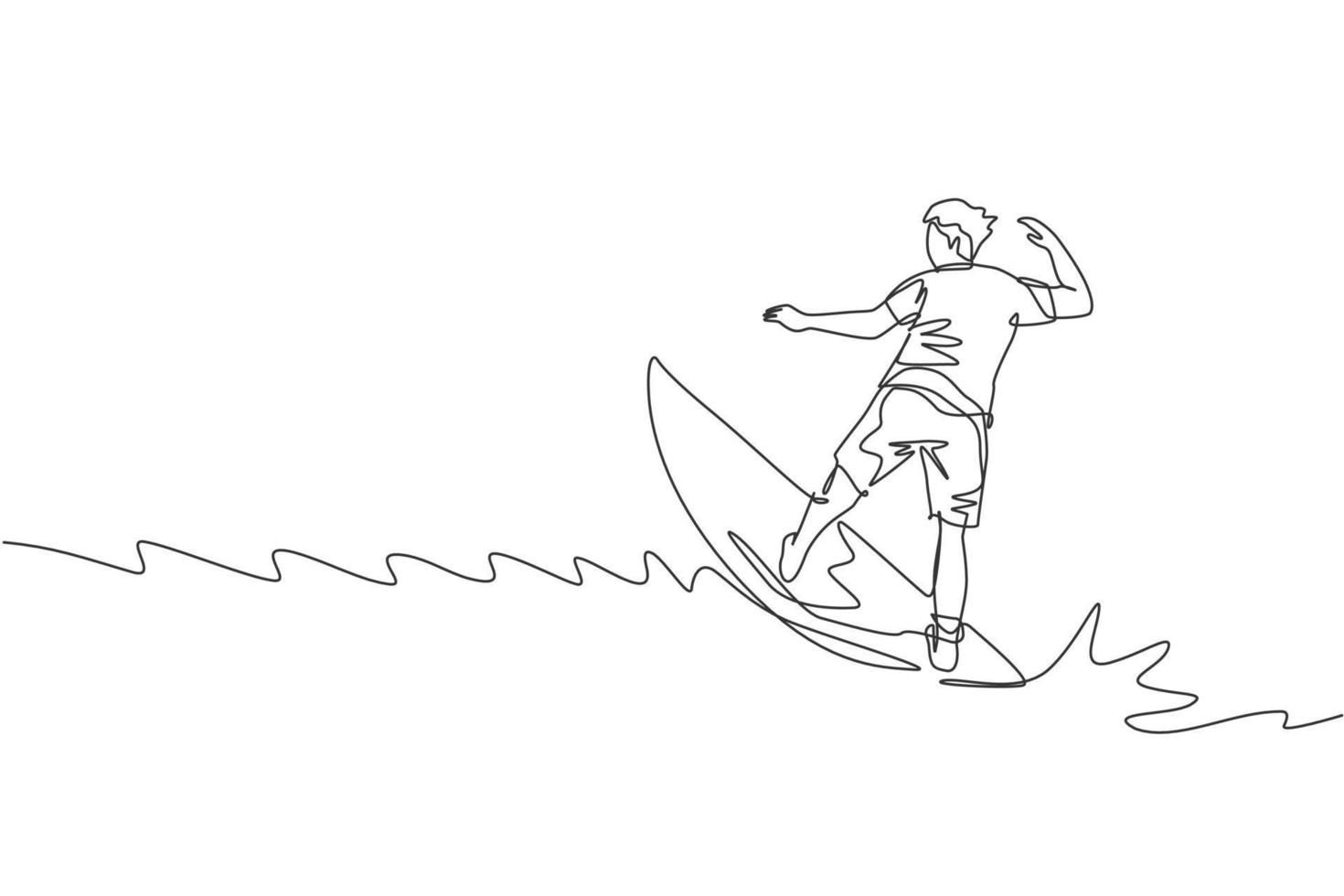 un dibujo de una sola línea de un joven surfista deportivo cabalgando sobre grandes olas en la ilustración gráfica vectorial del paraíso de la playa de surf. concepto de estilo de vida de deportes acuáticos extremos. diseño moderno de dibujo de línea continua vector