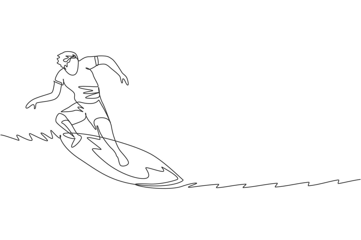 One continuous line drawing young happy tourist surfer exercising surfing on wavy ocean. Healthy extreme watersport concept. Summer holiday. Dynamic single line draw design vector illustration graphic