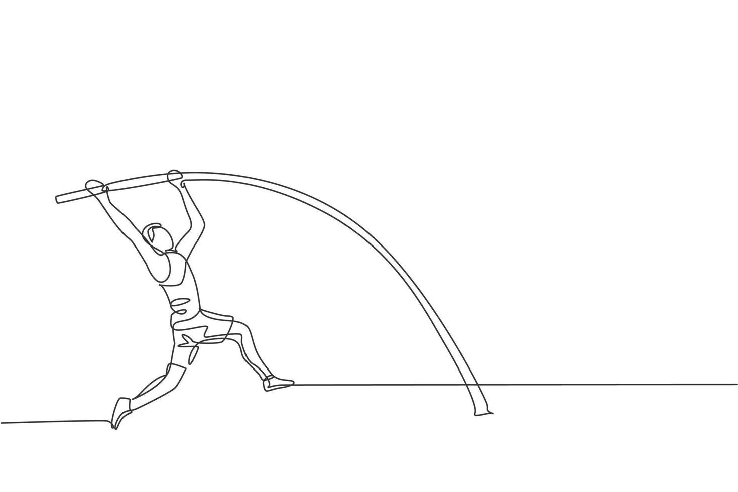 un dibujo de línea continua de un joven deportista practicando salto de posición de salto con pértiga en el campo. concepto de deporte atlético saludable. evento de campeonato. Ilustración de vector de diseño de dibujo de línea única dinámica