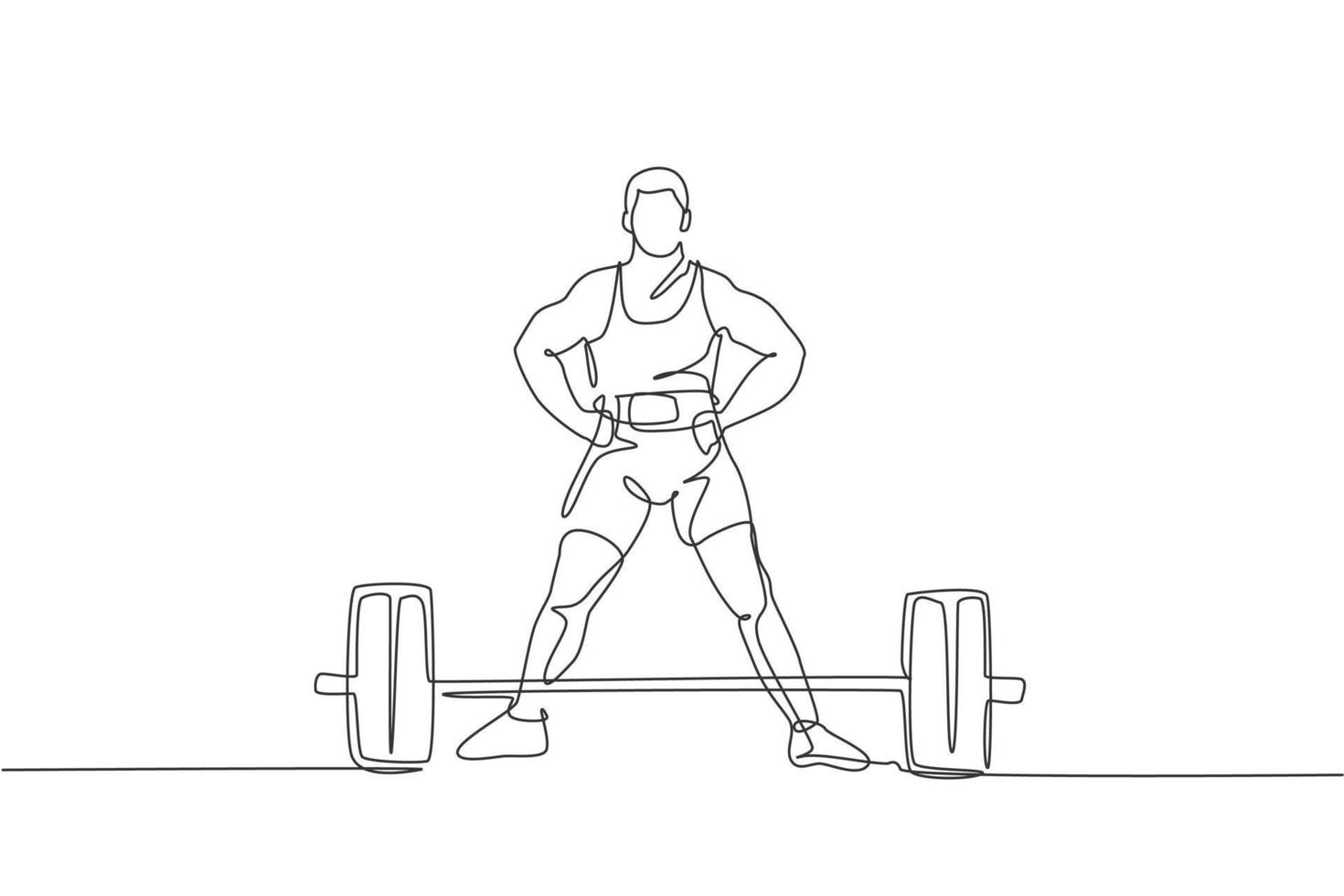 One continuous line drawing of young bodybuilder man doing exercise with a heavy weight bar in gym. Powerlifter train weightlifting concept. Dynamic single line draw design vector illustration graphic