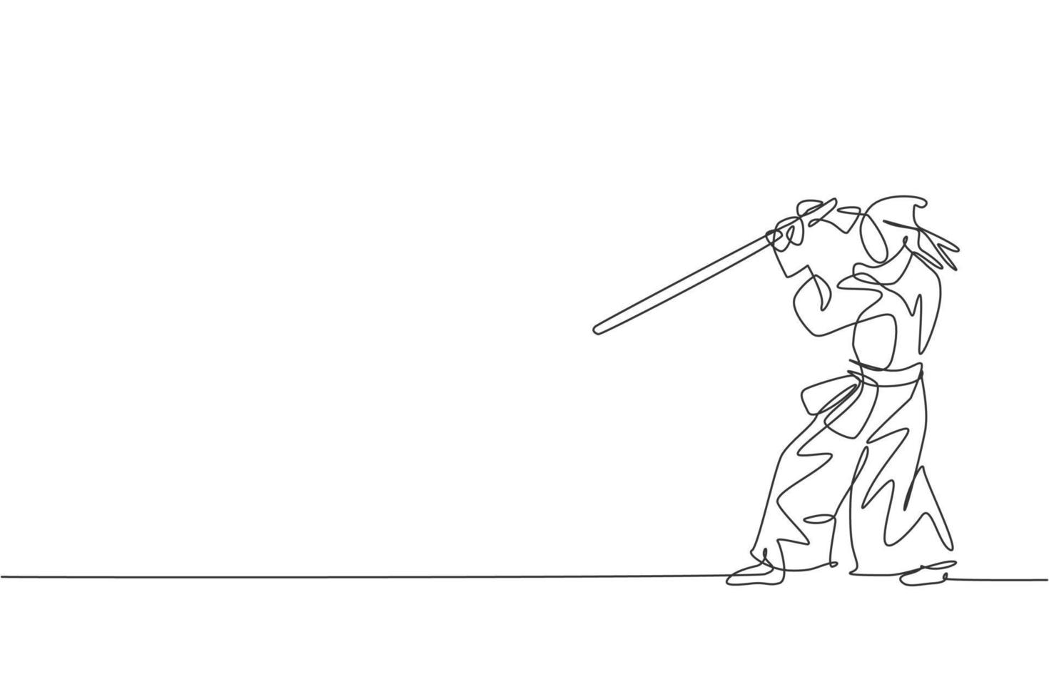 One single line drawing young energetic man exercise defense kendo move with wooden sword at gym center graphic vector illustration. Combative fight sport concept. Modern continuous line draw design