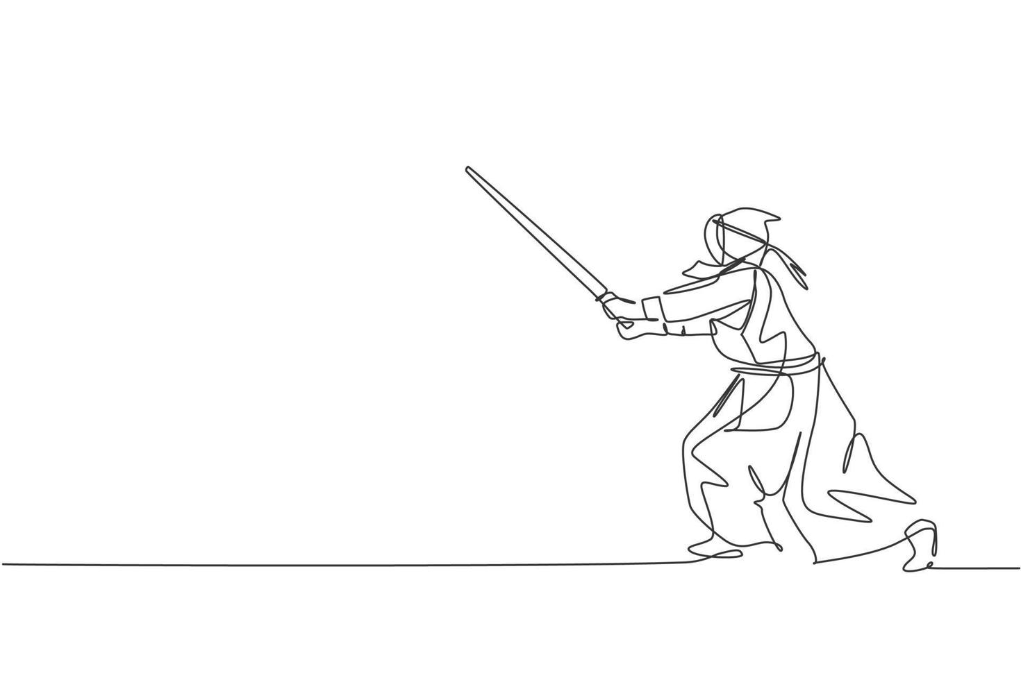 un dibujo de línea continua joven deportista entrenando habilidades de movimiento de defensa de kendo en el centro de dojo. concepto de deporte de arte marcial de lucha saludable. Ilustración de vector gráfico de diseño de dibujo de línea única dinámica