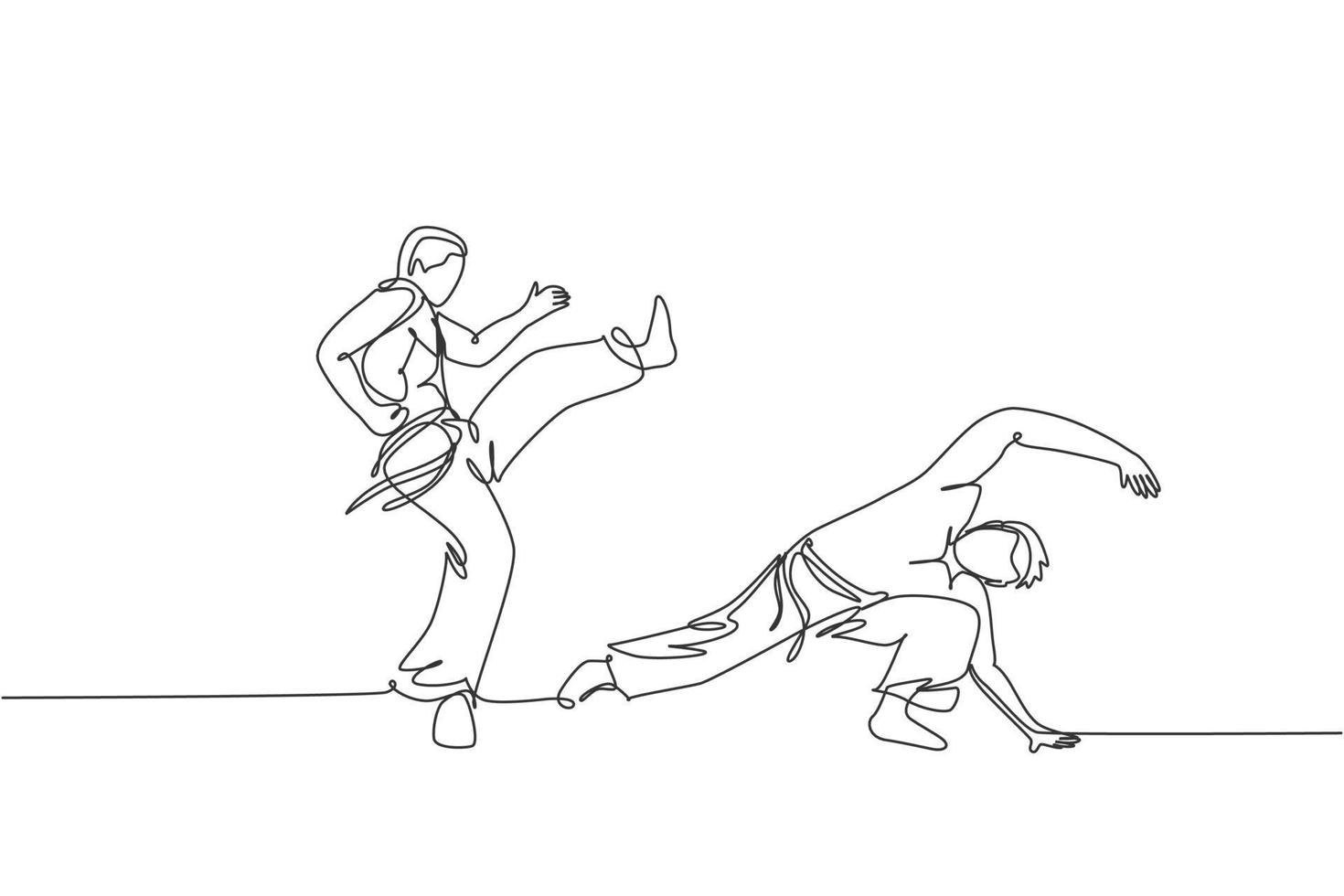 Single continuous line drawing of two young sportive men practice Brazilian capoeira move dance at outdoor street. Culture martial art sport concept. Trendy one line draw design vector illustration