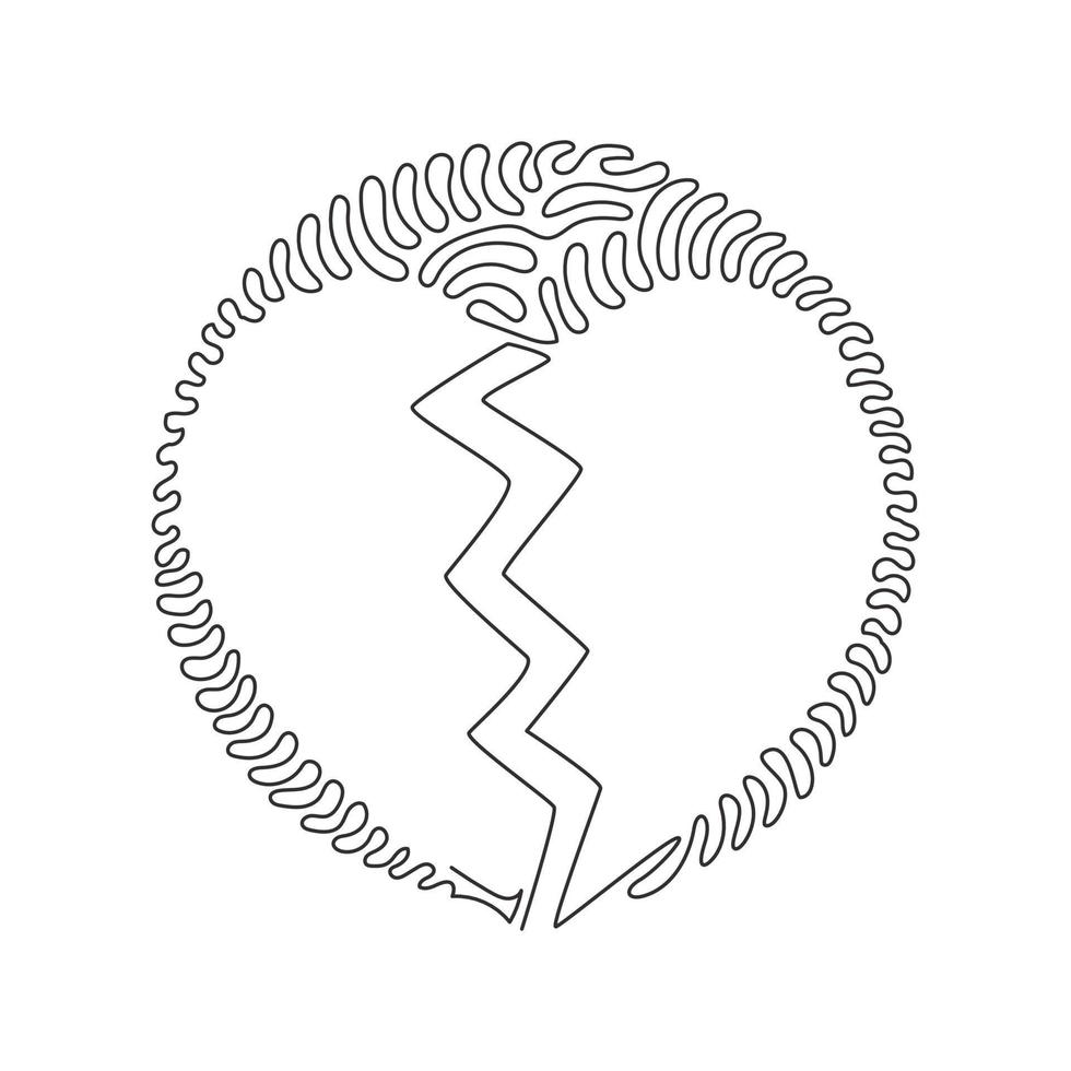 Single continuous line drawing love shape broken in two. Emoji of heartbreak, broken heart or divorce icon. Swirl curl circle background style. Dynamic one line draw graphic design vector illustration