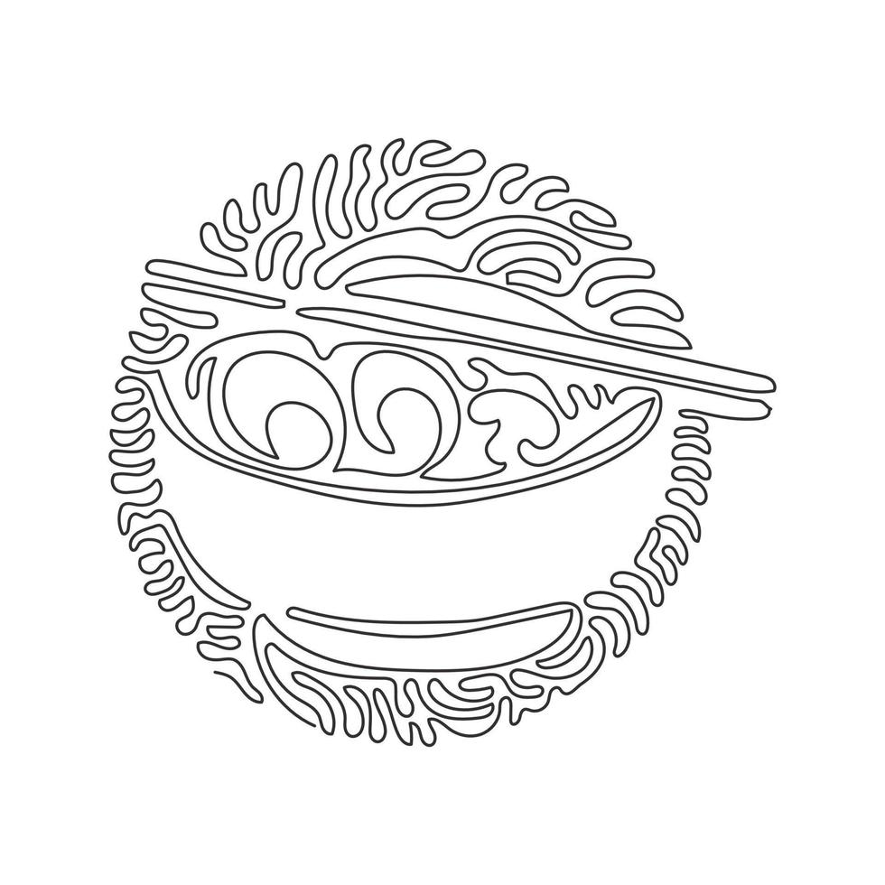 Single one line drawing Japanese food ramen noodles with various toppings in bowl. Traditional Asian noodle soup. Swirl curl circle background style. Modern continuous line draw design graphic vector