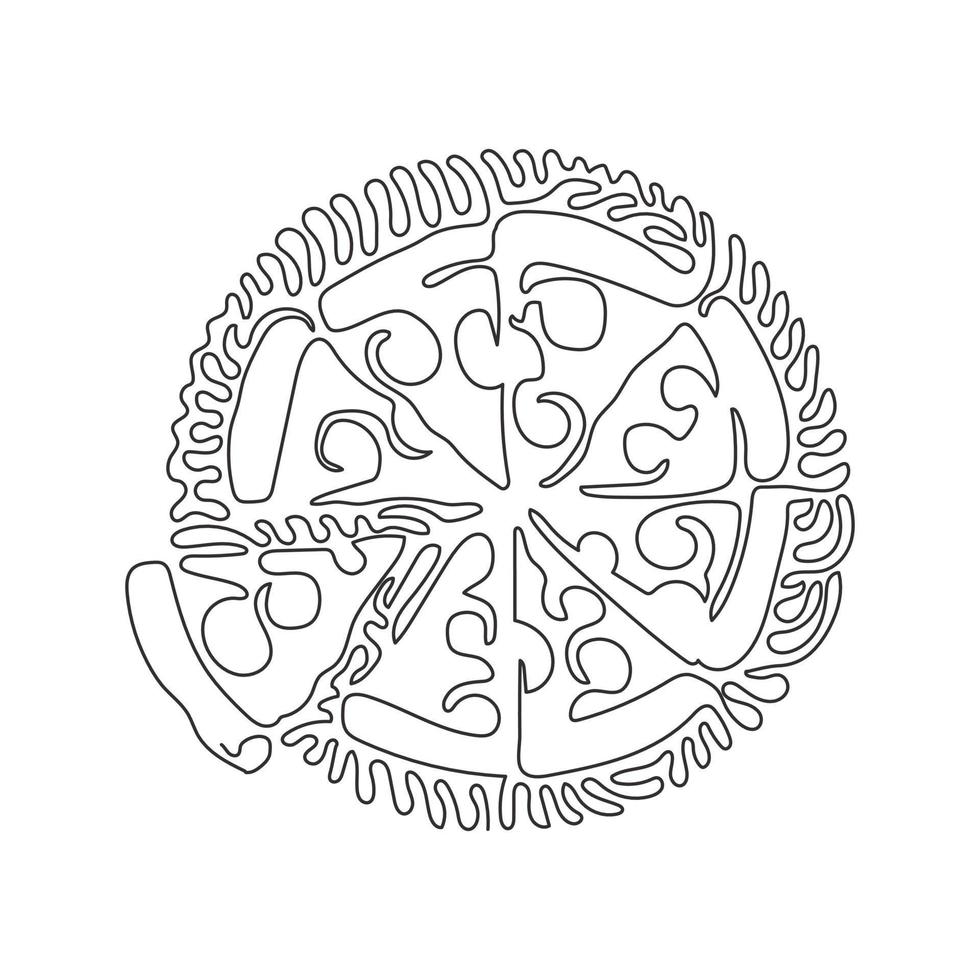 Single continuous line drawing pizza with tomato, cheese, olive, sausage, onion, basil. Traditional Italian fast food. Swirl curl circle background style. Dynamic one line draw graphic design vector