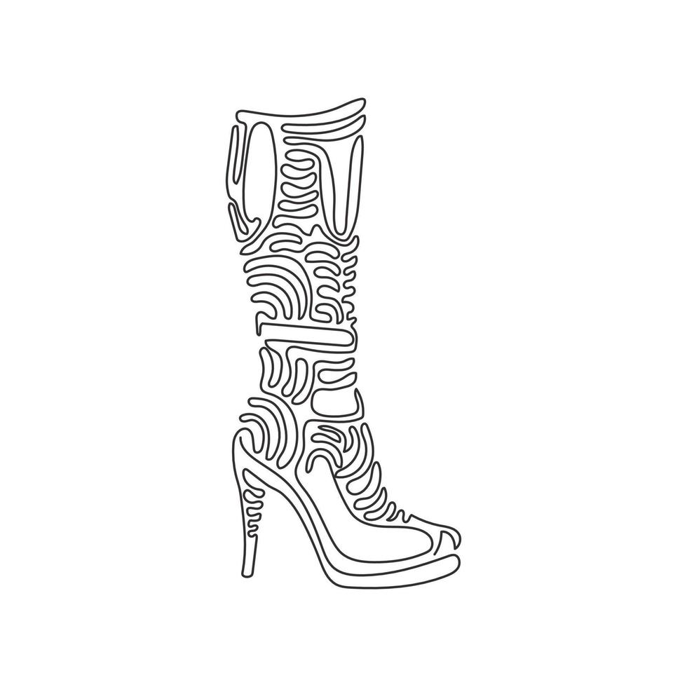 Single one line drawing fashionable women's boots. Autumn and winter female footwear. Knee high boots. Swirl curl style concept. Modern continuous line draw design graphic vector illustration