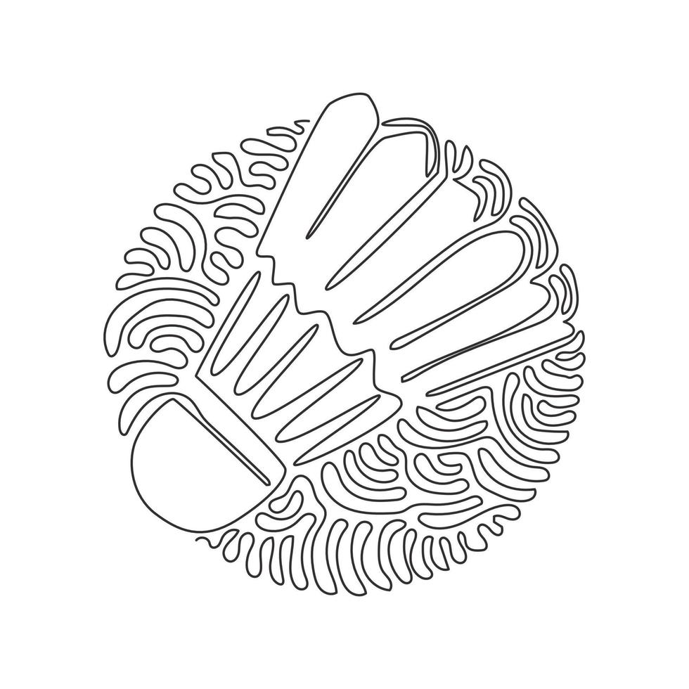 Continuous one line drawing shuttlecock badminton. Sports equipment, competitions, hobbies. Swirl curl circle background style. Healthy lifestyle. Single line draw design vector graphic illustration