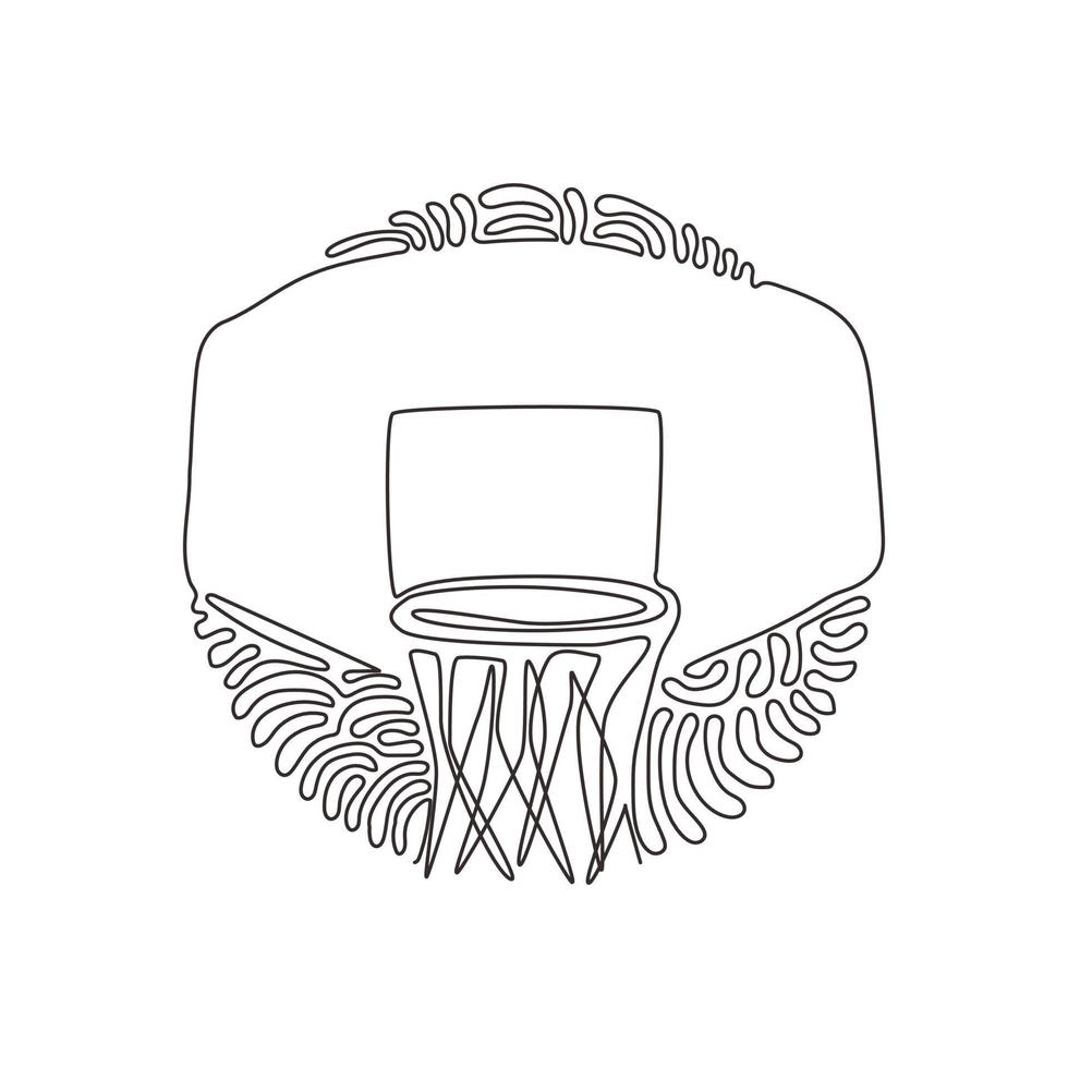 aro de baloncesto de dibujo continuo de una línea, canasta de baloncesto. red con círculo redondo, equipamiento de gimnasio deportivo. estilo de fondo de círculo de rizo de remolino. ilustración gráfica de vector de diseño de dibujo de una sola línea