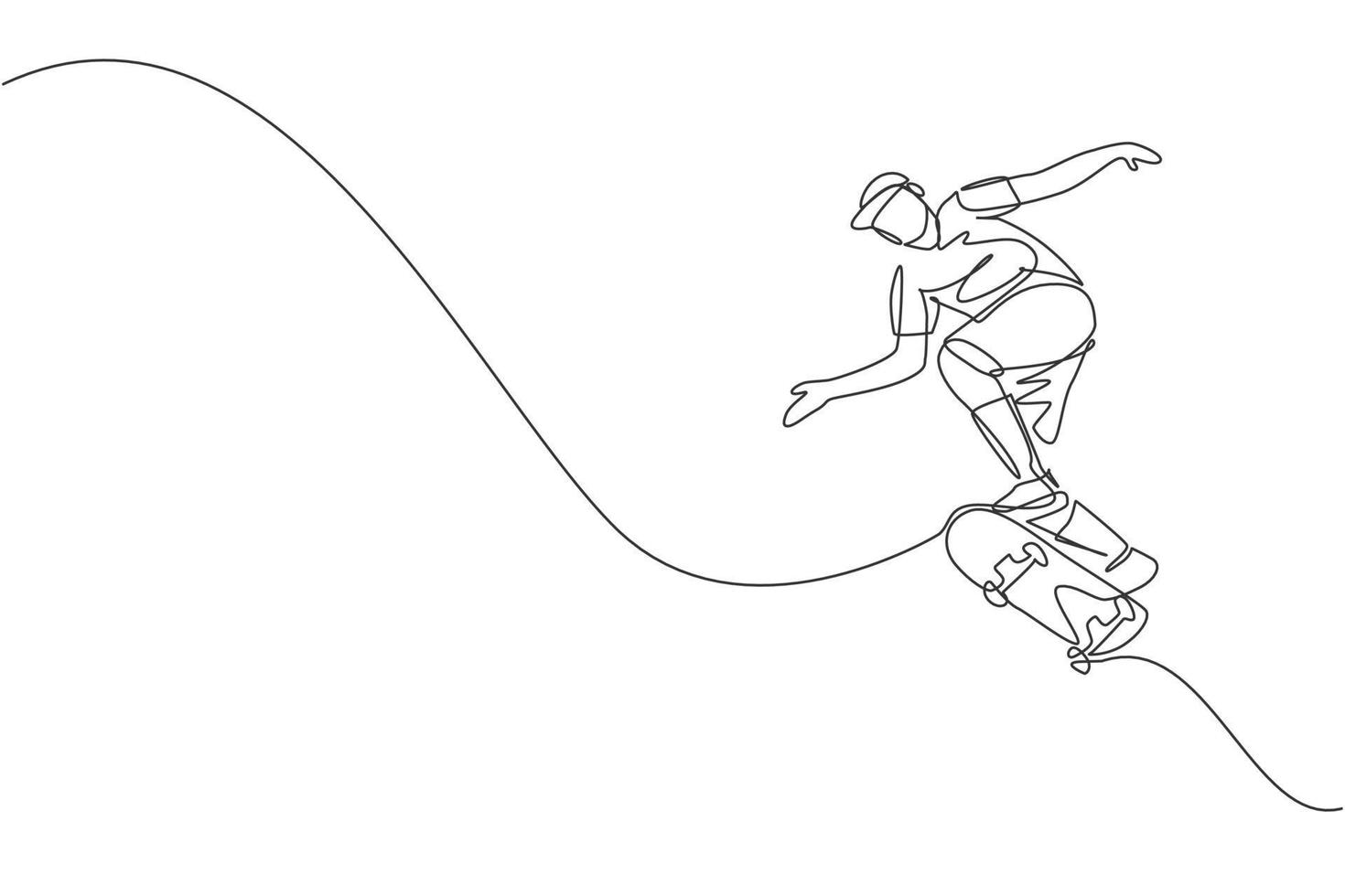 One continuous line drawing of young cool skateboarder man riding skateboard and jumping to do a trick in skatepark. Extreme teenager sport concept. Dynamic single line draw design vector illustration