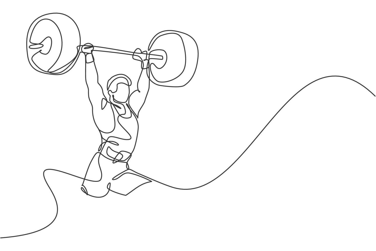 Single continuous line drawing of young strong weightlifter man preparing for barbell workout in gym. Weight lifting training concept. Trendy one line draw design graphic vector illustration