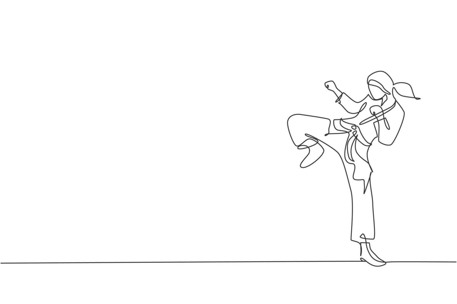 Single continuous line drawing of young confident karateka girl in kimono practicing karate combat at dojo. Martial art sport training concept. Trendy one line draw design vector graphic illustration