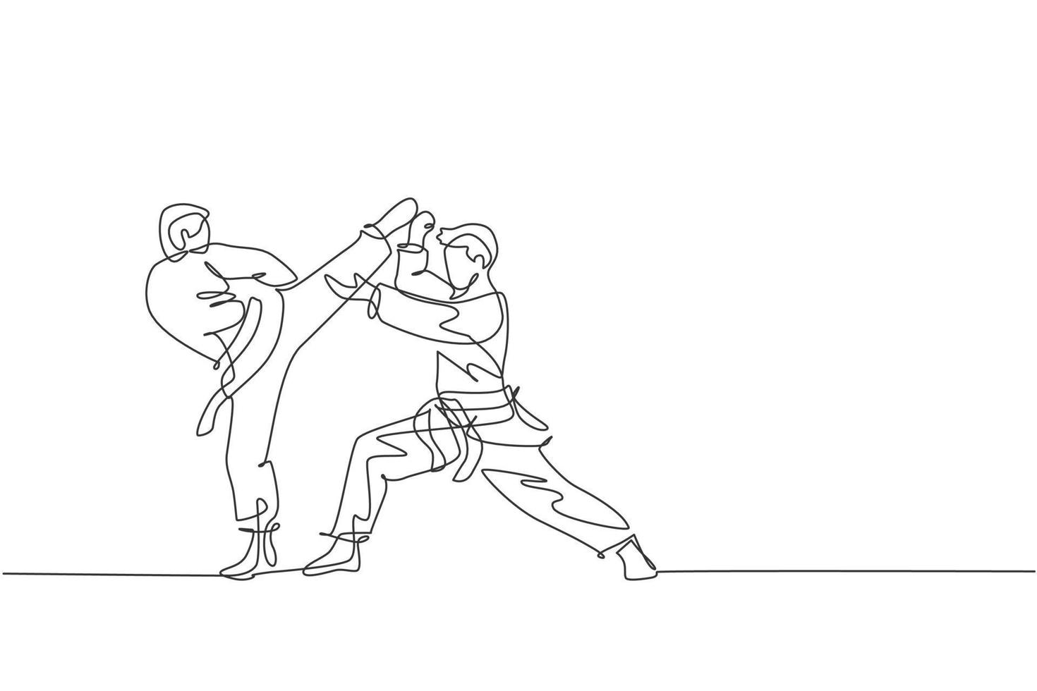 One single line drawing of two young sporty karateka men in fight uniform with belt exercising martial art at gym vector illustration. Healthy sport lifestyle concept. Modern continue line draw design