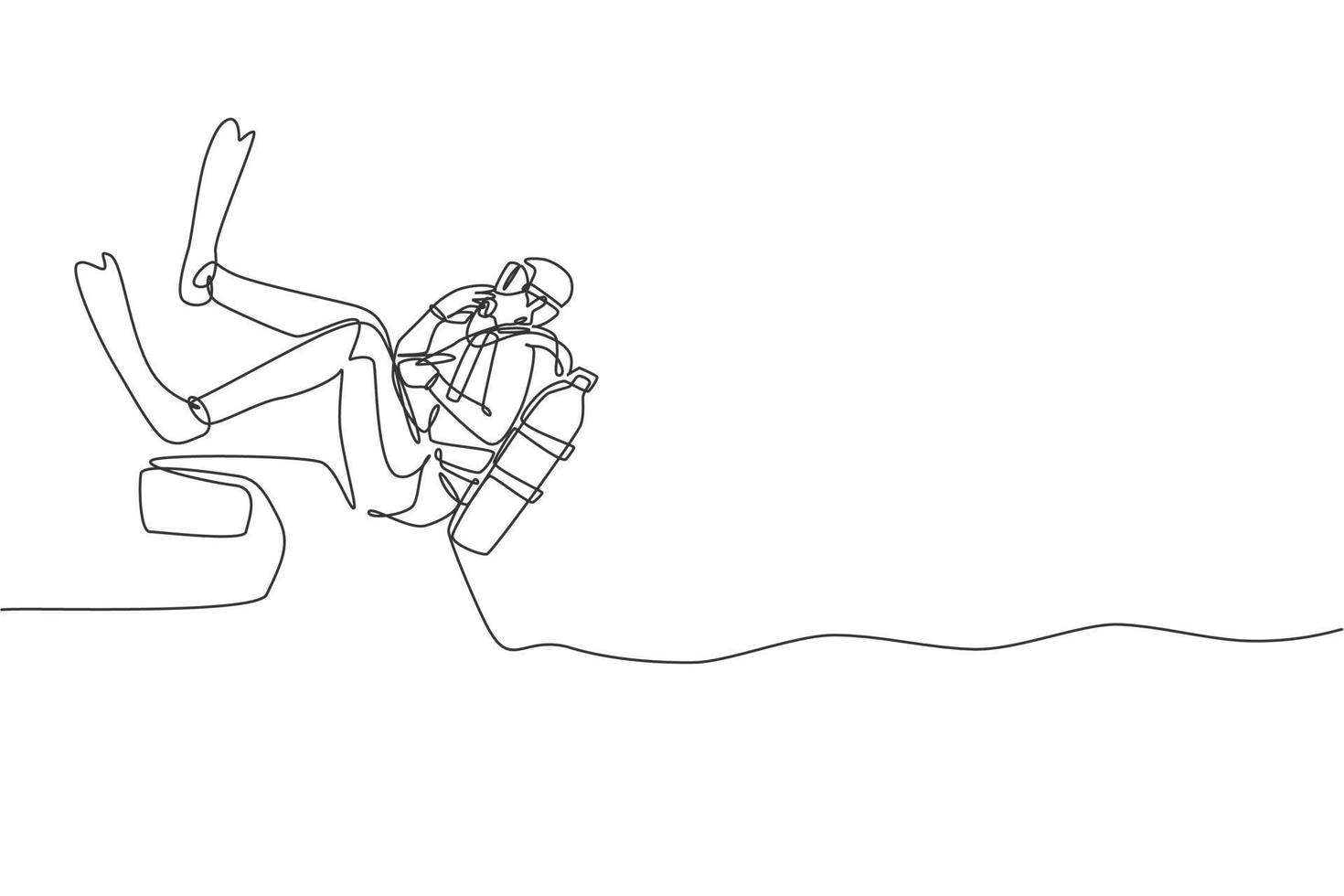 One continuous line drawing young sporty man jump down into the sea ocean from motor boat to do scuba diving. Healthy water sport concept. Dynamic single line draw design vector graphic illustration