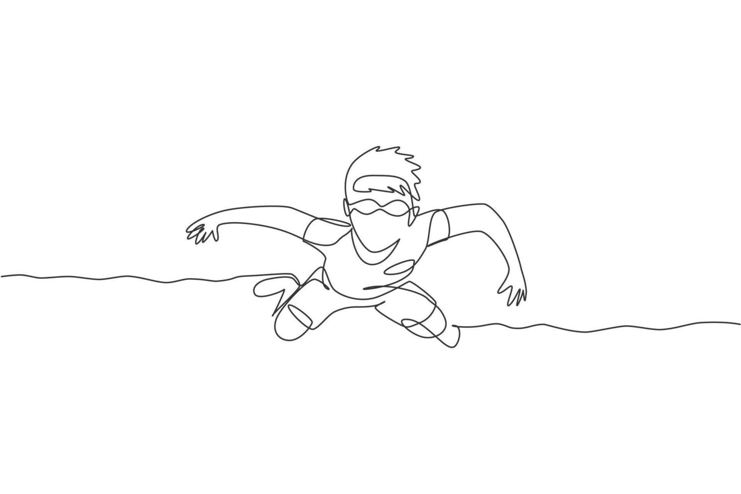 One single line drawing of young boy practice floating in swimming pool wearing goggle glasses graphic vector illustration. Summer holidays and vacation concept. Modern continuous line draw design