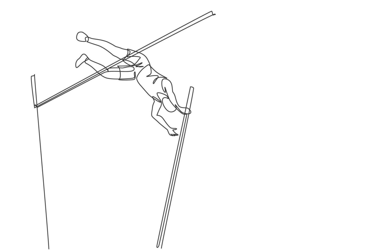 un dibujo de línea continua de un joven deportista practicando para pasar la barra de salto con pértiga en el campo. concepto de deporte atlético saludable. evento de campeonato. Ilustración de vector de diseño de dibujo de línea única dinámica