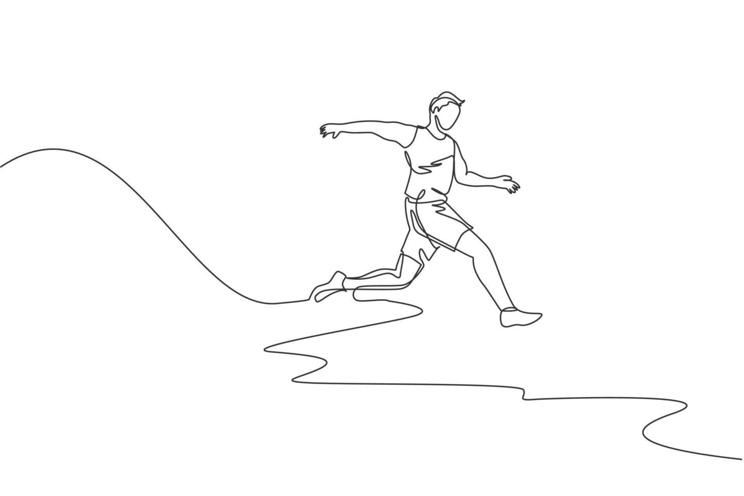 Single continuous line drawing of young sportive man training ling jump in the stadium field. Healthy athletic sport concept. Tournament event. Trendy one line draw design graphic vector illustration