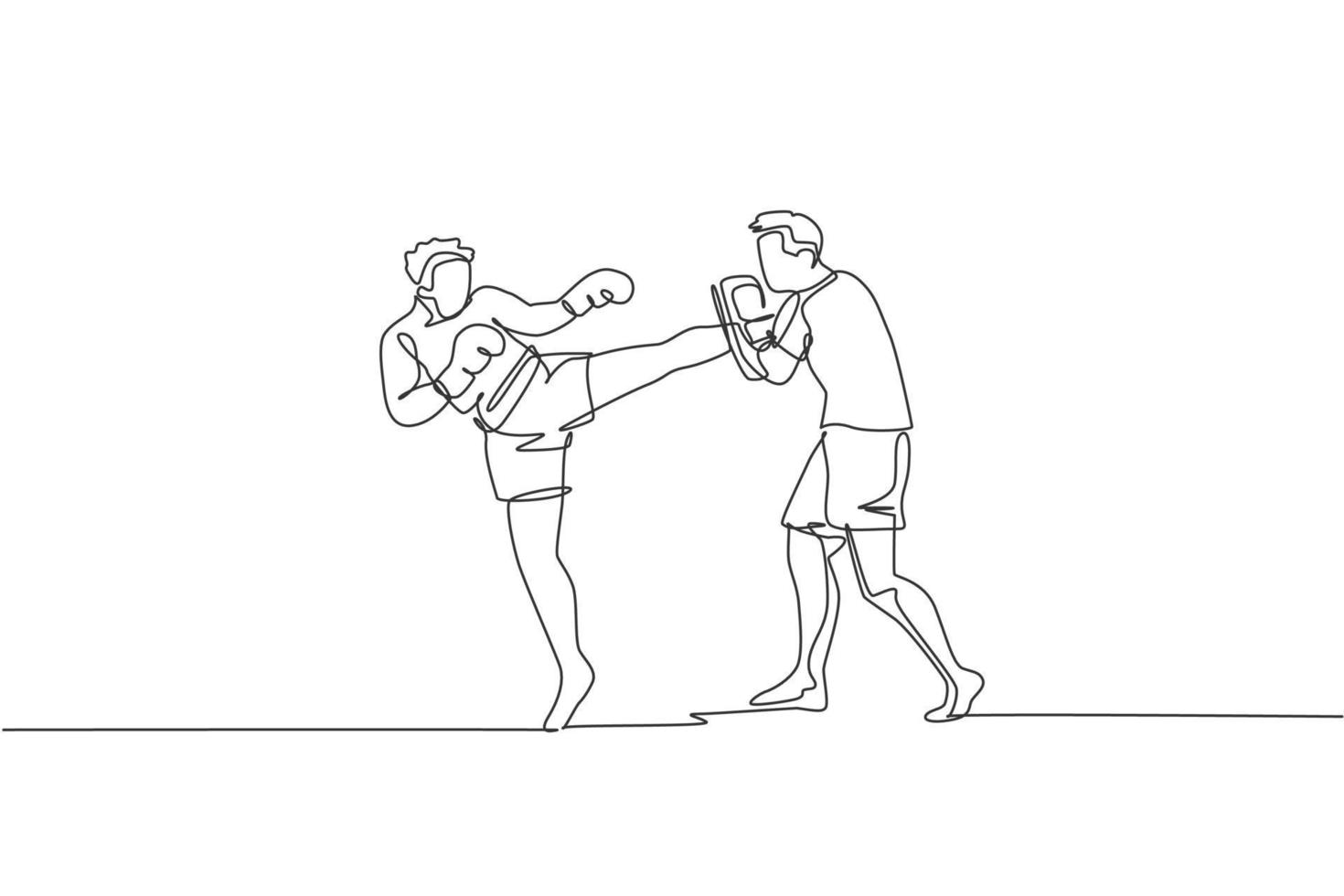 One continuous line drawing of young sporty man kickboxer athlete training with personal trainer who hold punch bag at gym center. Combative sport concept. Single line draw design vector illustration