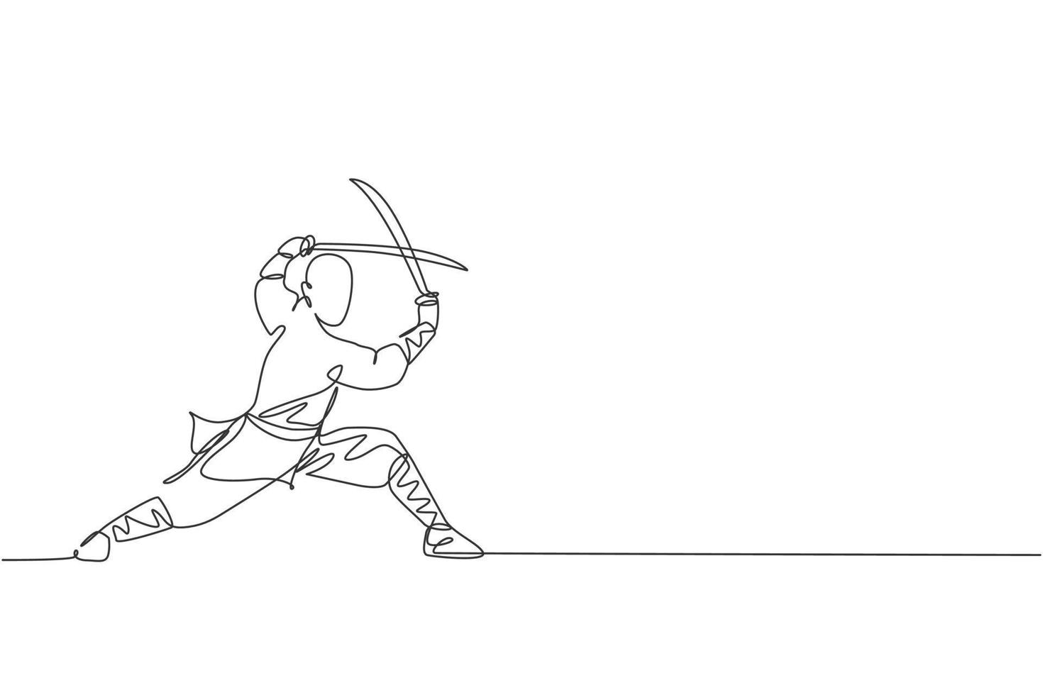 Single continuous line drawing of young muscular shaolin monk man holding sword train at shaolin temple. Traditional Chinese kung fu fight concept. Trendy one line draw design vector illustration