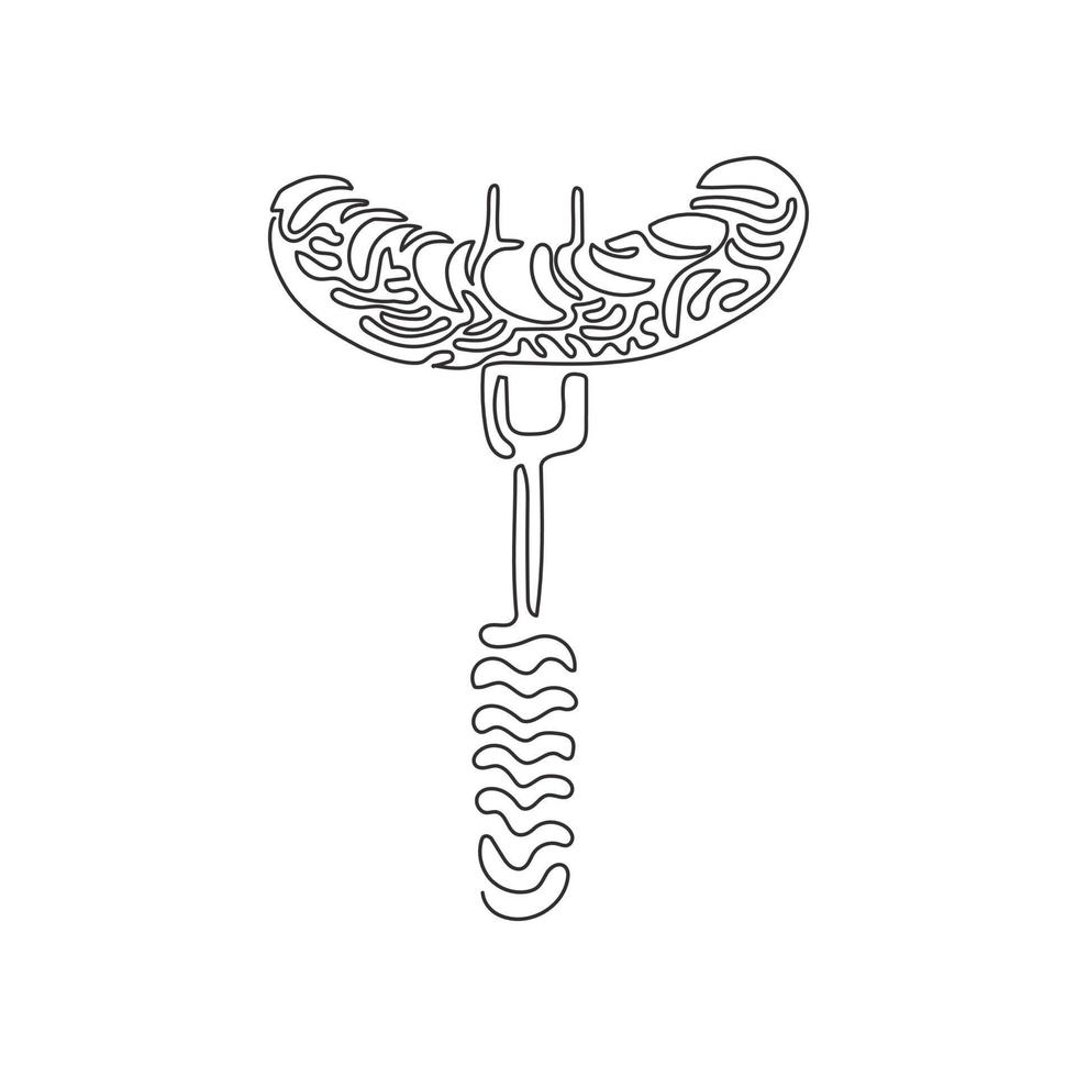 Single one line drawing grilled sausage line and glyph icon, barbecue and food, sausage on fork sign. Delicious meal. Swirl curl style. Modern continuous line draw design graphic vector illustration