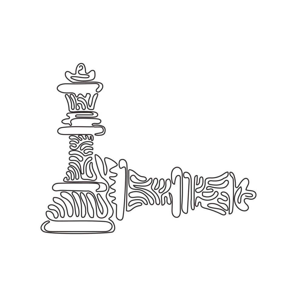 Single one line drawing figures of wooden chess on chessboard. King, queen of opposing team's. Composition for tourney. Swirl curl style. Modern continuous line draw design graphic vector illustration