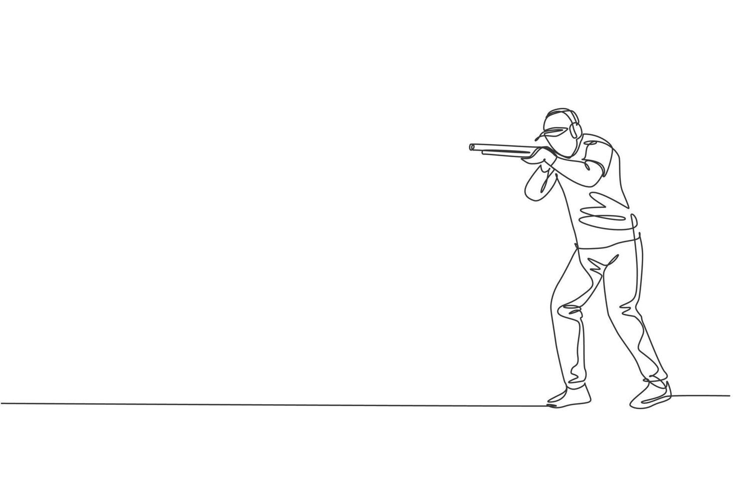 One continuous line drawing of young man on shooting training ground practice for competition with rifle shotgun. Outdoor shooting sport concept. Dynamic single line draw design vector illustration