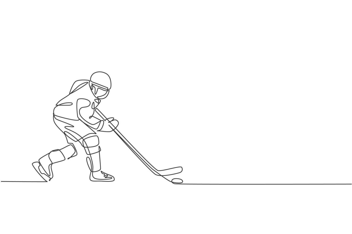 un dibujo de línea continua de un joven jugador profesional de hockey sobre hielo haciendo ejercicio y practicando en un estadio de pista de hielo. concepto de deporte extremo saludable. Ilustración de vector de diseño de dibujo de línea única dinámica