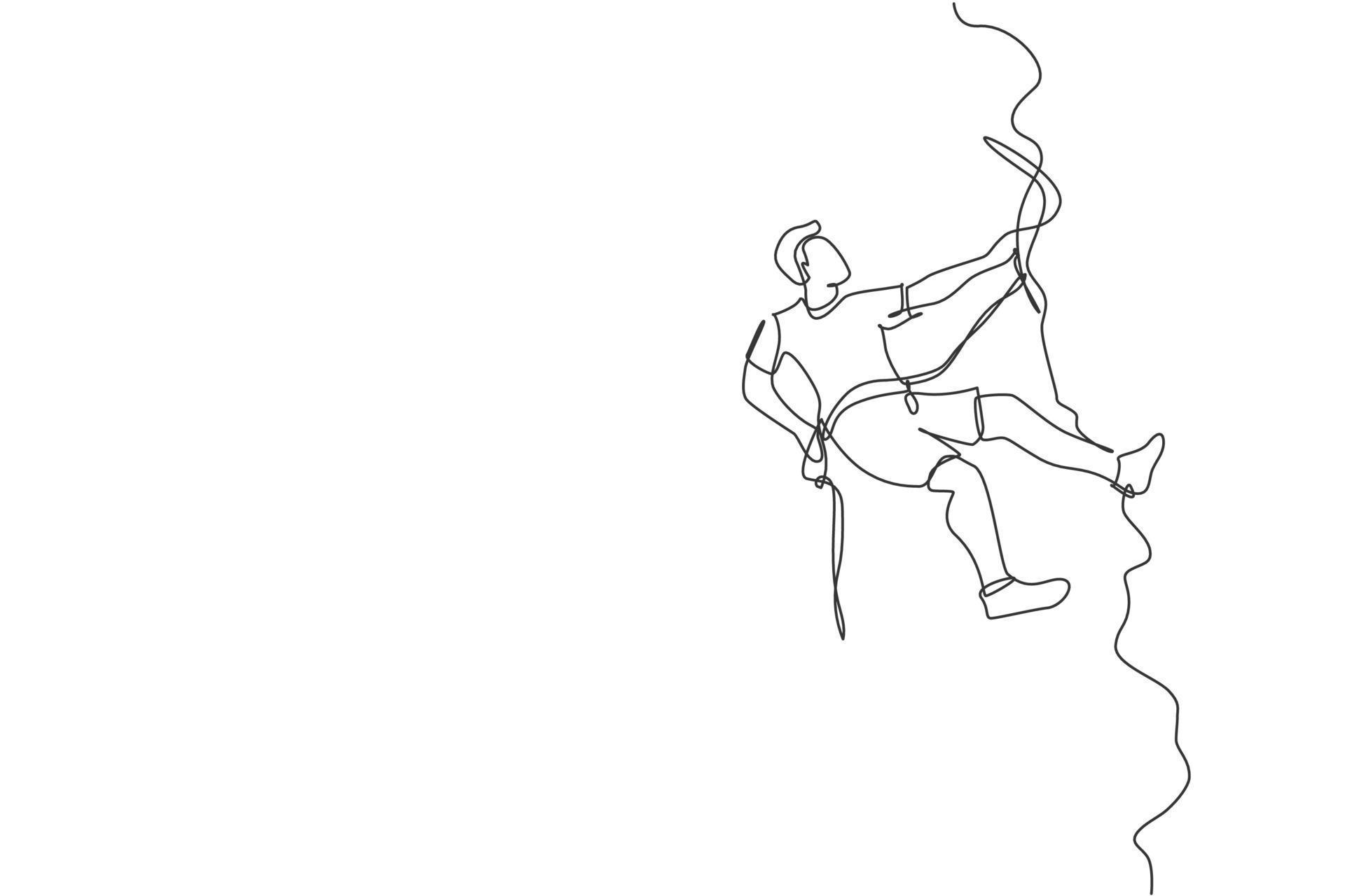 One single line drawing of young active man climbing on cliff mountain
