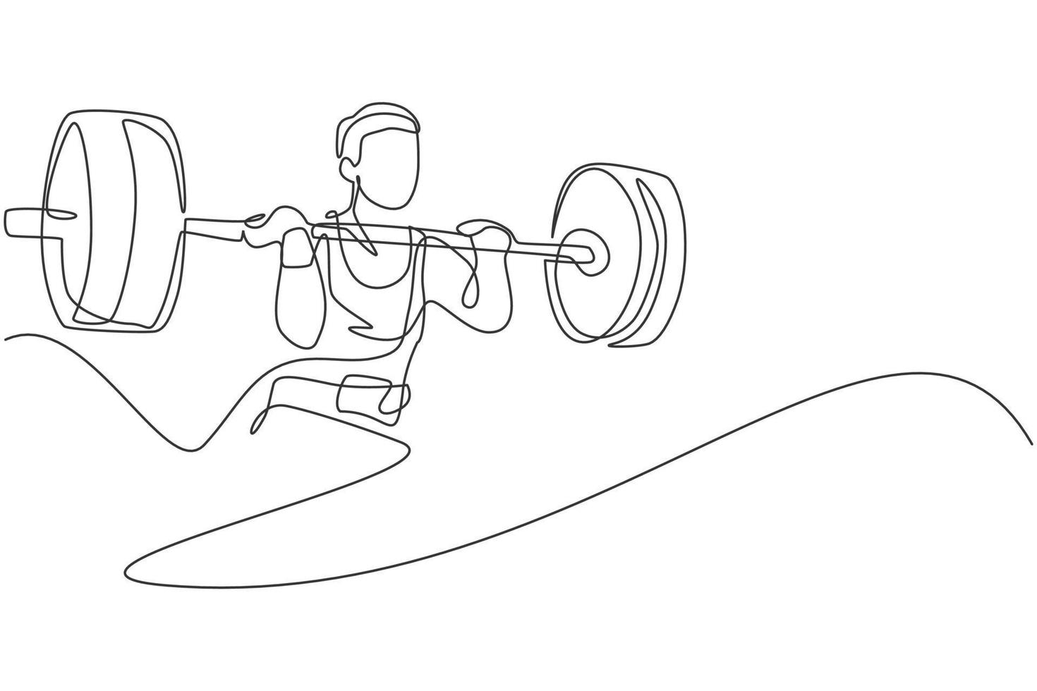 One single line drawing of fit young athlete muscular man lifting barbells working out at a gym vector illustration. Weightlifter preparing for training concept. Modern continuous line draw design