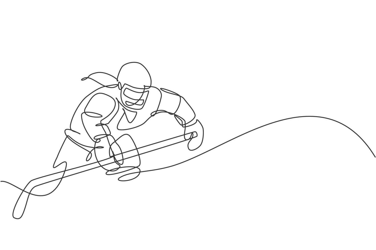 Single continuous line drawing of young professional ice hockey player hit the puck and attack on ice rink arena. Extreme winter sport concept. Trendy one line draw design graphic vector illustration