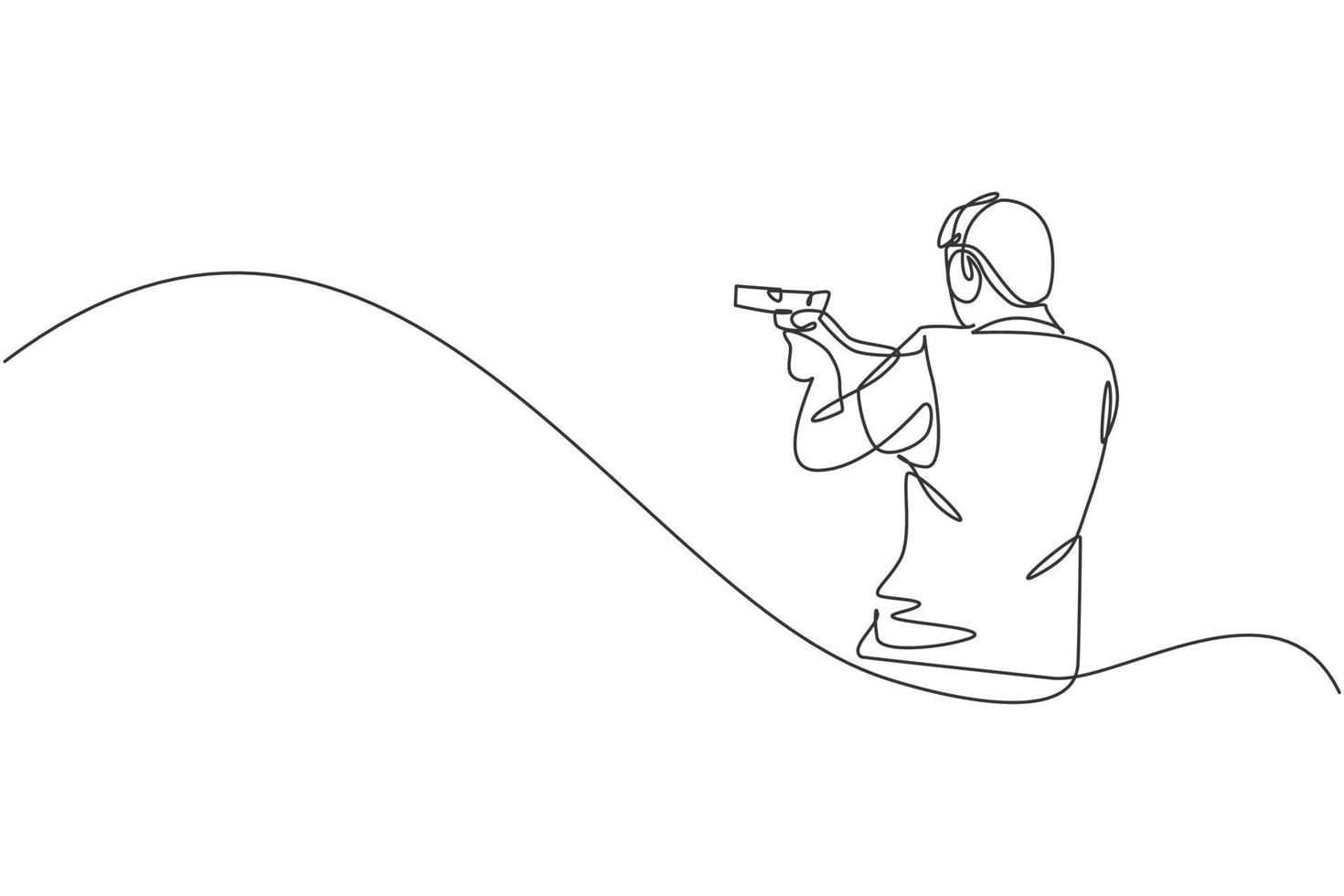 One continuous line drawing of young man on shooting training ground practice for competition with pistol handgun. Outdoor shooting sport concept. Dynamic single line draw design vector illustration