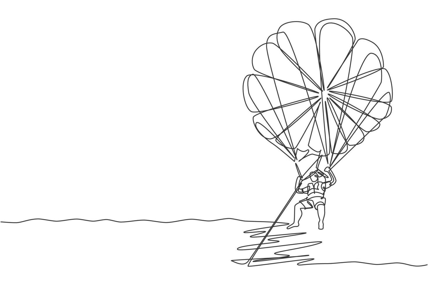 One continuous line drawing of young bravery man flying in the sky using parasailing parachute pulled by a boat. Outdoor dangerous extreme sport concept. Single line draw design vector illustration