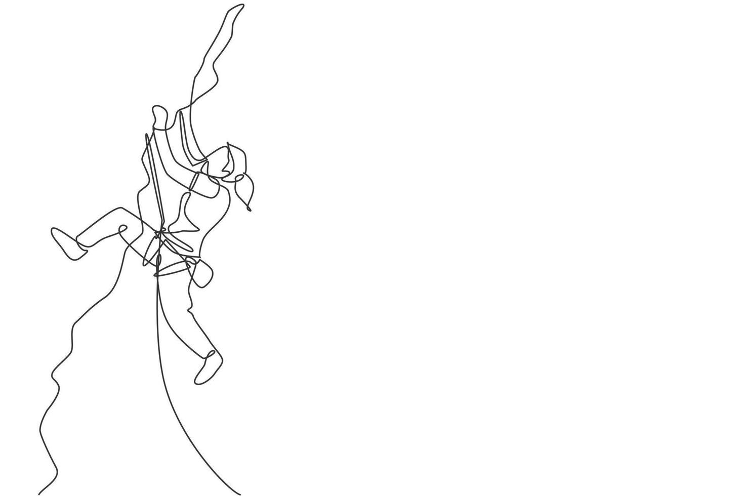 One single line drawing young active woman climbing on cliff mountain holding safety rope vector illustration graphic. Extreme outdoor sport and bouldering concept. Modern continuous line draw design