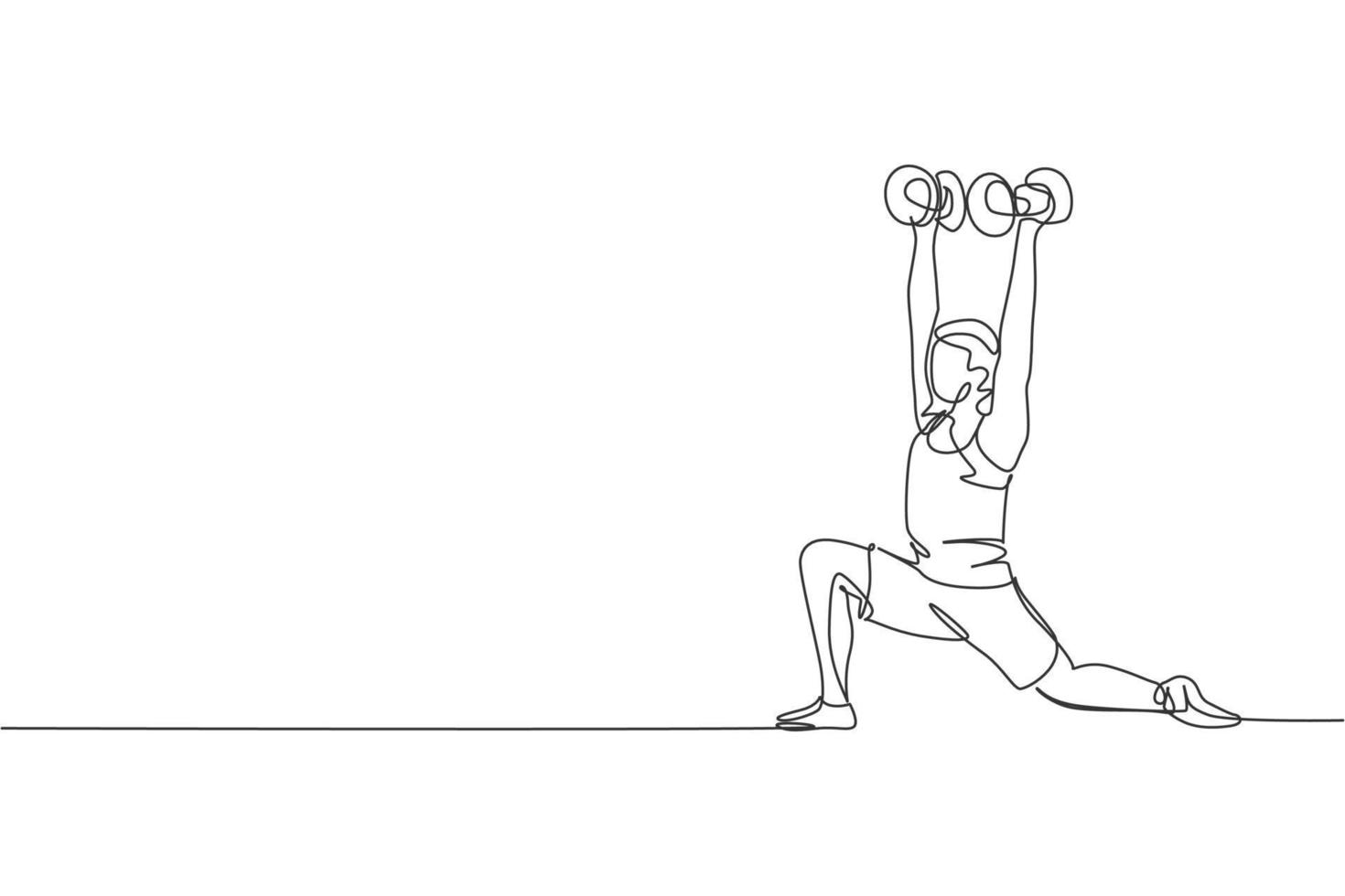 una sola línea dibujando a un joven enérgico trabajando haciendo una estocada baja con pesas en la ilustración vectorial del gimnasio. fitness deporte culturismo y concepto de estilo de vida saludable. dibujo de línea continua moderna vector