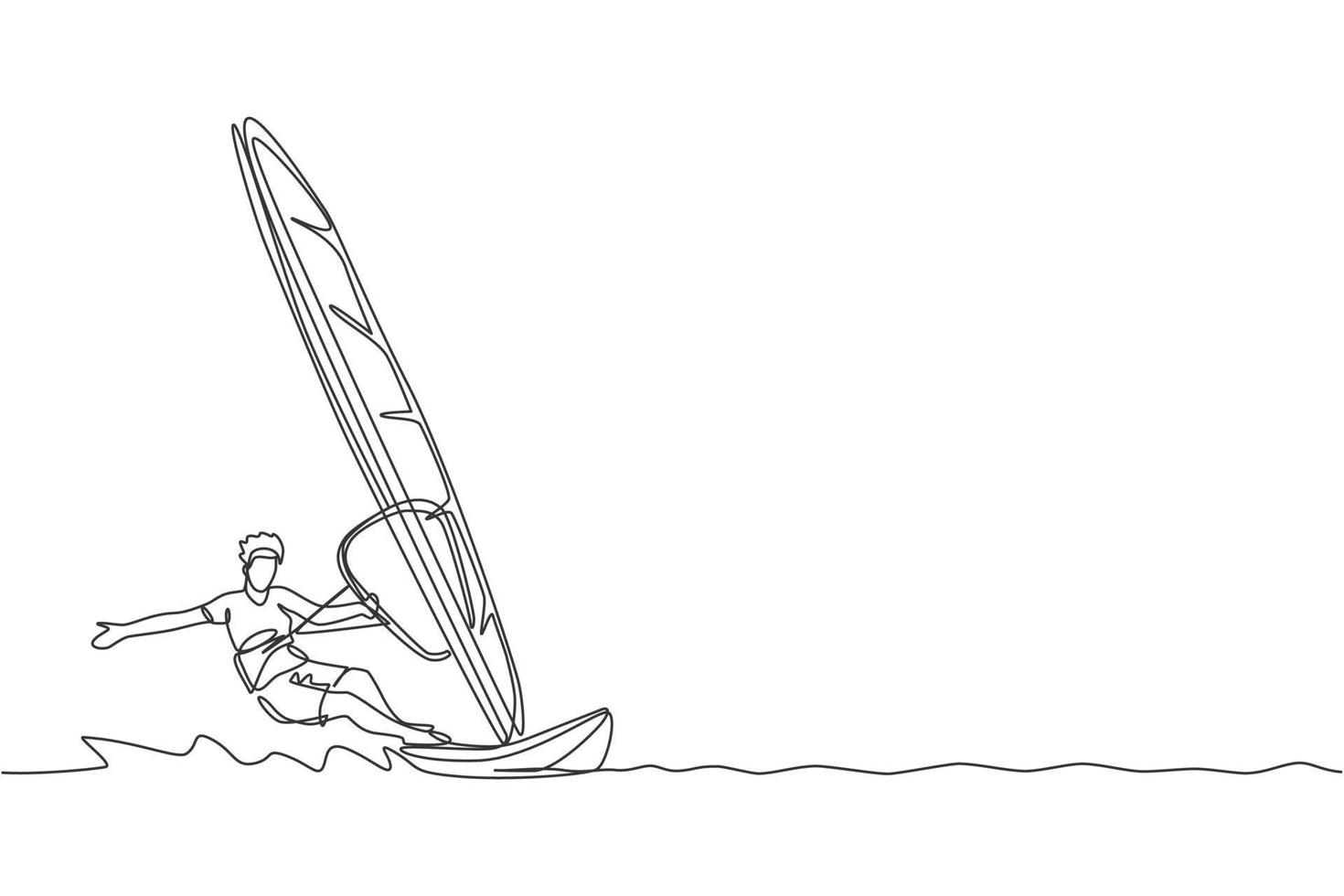 Single continuous line drawing of young sporty surfer man playing windsurfing in the sea. Extreme dangerous sea sport concept. Summer holiday vacation. Trendy one line draw design vector illustration