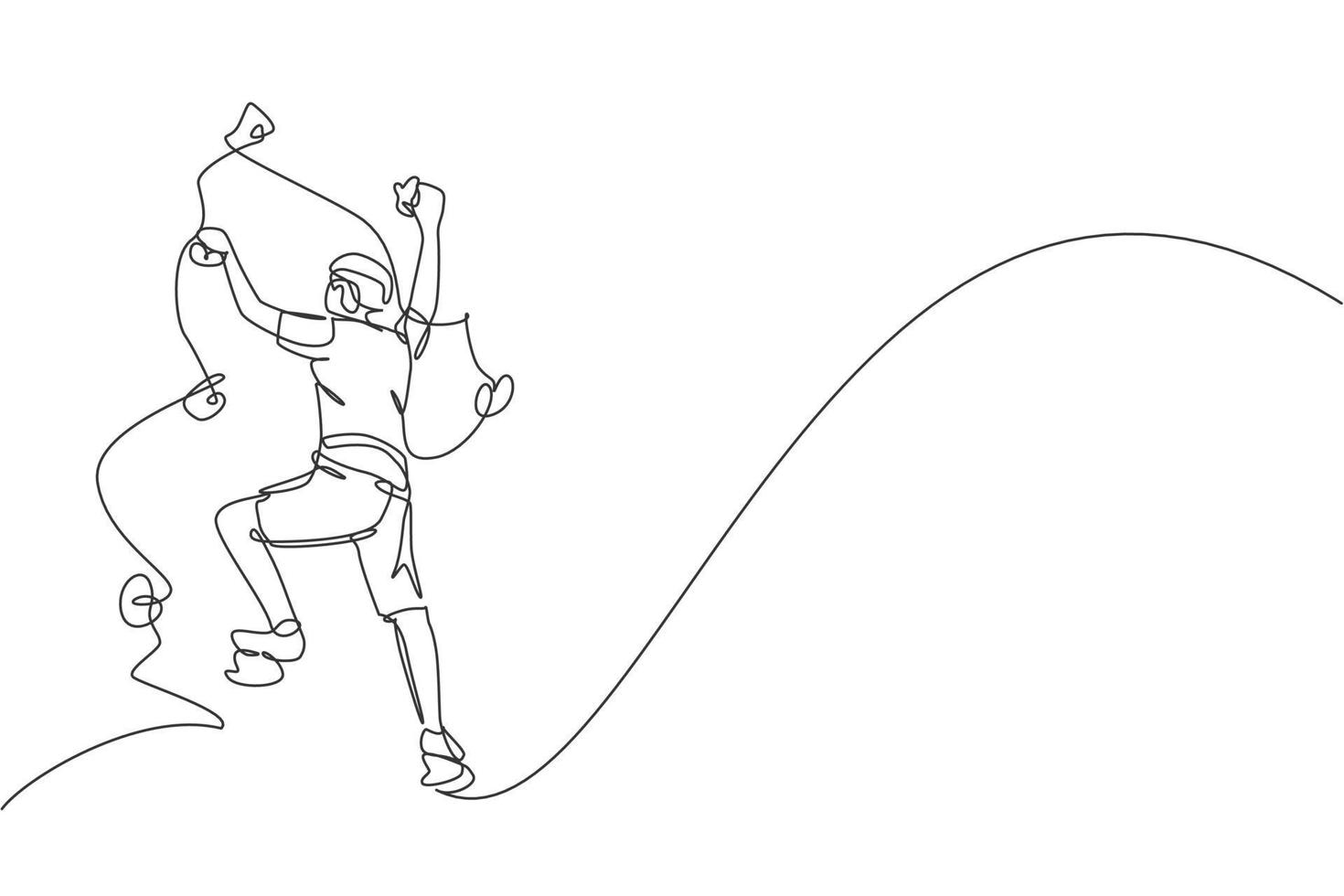 Single continuous line drawing of young muscular rockclimber man climbing hanging on mountain grip. Outdoor active lifestyle and rock climbing concept. Trendy one line draw design vector illustration