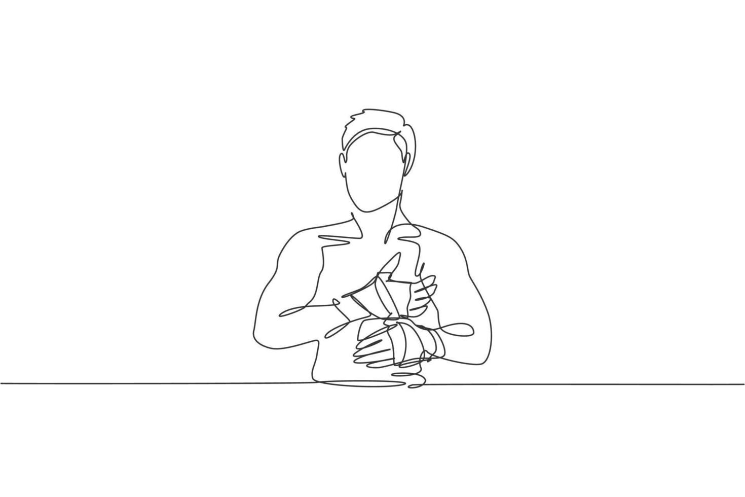 Single continuous line drawing of young sportive man kickboxer wrap a bandage strap to prepare a fight in sport hall. Fight competition sport concept. Trendy one line draw design vector illustration