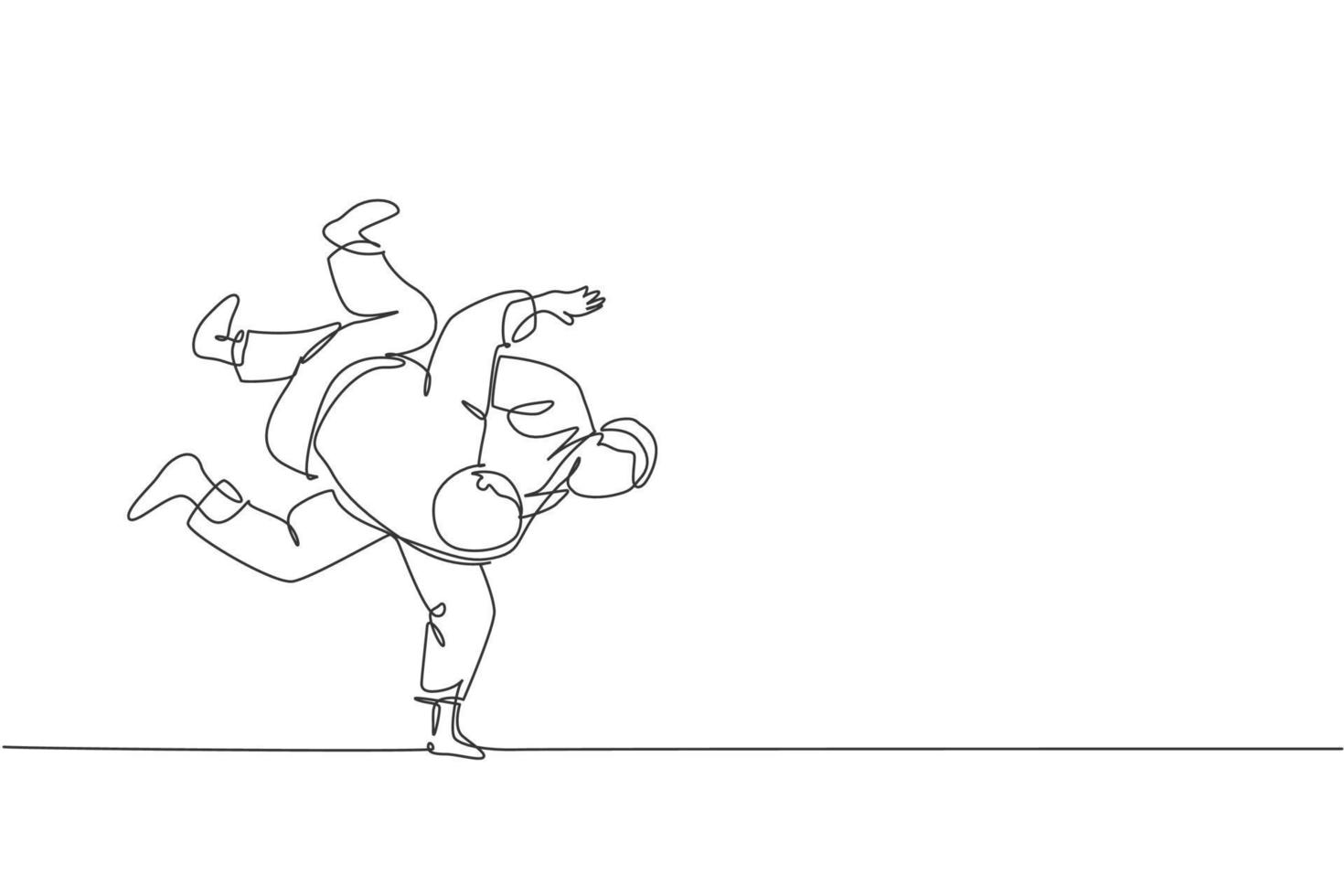 One continuous line drawing of two young sporty men training judo technique at sport hall. Jiu jitsu battle fight sport competition concept. Dynamic single line draw design vector illustration graphic